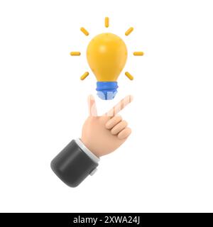 Mit dem Finger nach oben auf die Glühlampe zeigen, als Symbol der großen Idee. Neue kreative Ideen haben. Problemlösung Metaphor.3d Illustration flache Konstruktion. Denkprozesse. Stockfoto