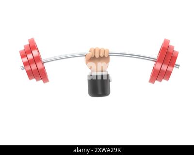 Starkes Konzept. Symbol „Barbell in Hands“. Hand eines Mannes, der eine Hantel hält. Flache 3D-Illustration. Gewichtheben, Training hart Konzept. Sportliche Fitness Stockfoto