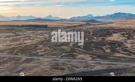 Die trockene landwirtschaftliche Landschaft des Mackenzie Country in der Nähe der kleinen Stadt Twizel Stockfoto