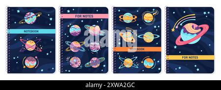 Notebook-Cover-Set mit Fantasy-Planeten. Abstrakte kosmische Galaxie fantastische Kugeln Design für Planer, Broschürenkatalog. Notizblock mit Planeten im Raum. Poster mit dekorativer Druckvorlage für Layoutseiten Stock Vektor