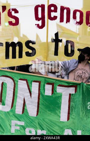 Chicago, Illinois, USA. August 2024. Demonstranten marschieren die Michigan Avenue hinunter, als sie gegen die Demokratische Partei am Vorabend der Demokratischen Nationalkonvention waren. (Kreditbild: © J. Daniel HUD/ZUMA Press Wire) NUR REDAKTIONELLE VERWENDUNG! Nicht für kommerzielle ZWECKE! Stockfoto