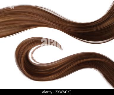 Lange braune Haarsträhne. Realistische 3D-Vektor-Illustration Set von gewelltem glattem glänzendem weiblichen Pferdeschwanz für Shampoo und Conditioner Design. Starke gesunde Brünette Locken für Pflege und Beauty Konzept. Stock Vektor