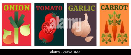 Poster für Lebensmittel. Vegetarische Produkte. Frische Tomaten. Natürliche Zwiebel. GartenKnoblauch. Karottenernte. Handgezeichnete Küchenzutaten. Veganes Erntegut. Alte Bio-Agrarnahrung. Vektor Kraft Tapeten Set Stock Vektor