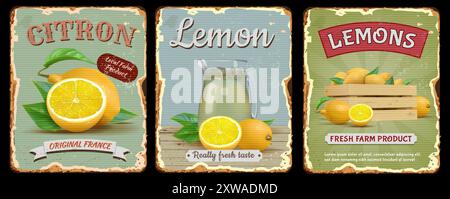 Vintage-Zitronenetiketten. Retro Food ab-Poster. Obst-Limonade. Kaltes Zitrusgetränk. Kunsttextur mit grünem Blatt und saftiger Zitrone. Pflanzliches gesundes Getränk. Werbetafeln im alten Design. Vektor Design Banner Set Stock Vektor
