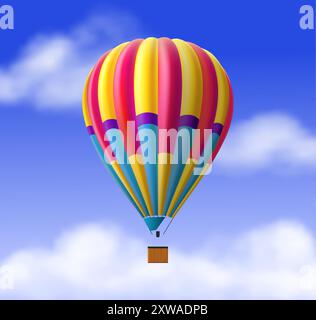 Realistisches Luftschiff im Himmel. Bunter Heißluftballon mit Korb. Vintage Luftfahrt aufblasbarer Transport, fliegendes Fahrzeug. Symbol für die Freiheit der Abenteuer. Aerostat für die Reise. Vektor-isolierte Abbildung Stock Vektor