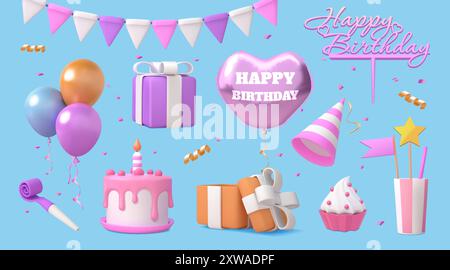 3. Geburtstagskuchen. Fröhlich rosa Ballons feiern, Geschenkbox, Dessert mit Kerze und Muffin, Partydekor. Kinderjugendgeschenk mit Herz und Band. Isoliertes Renderelement. Festliche Vektorsymbole gesetzt Stock Vektor