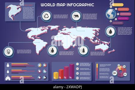Weltkarte. 3D-GLOBE-Vorlage. People Web-Technologie für Unternehmensnetzwerke. Modernes Pfeildiagramm. PIN-Symbole. Planeten Kontinente. Demographische und ökologische Informationstabellen. Hintergrund des Vektordiagrammdesigns Stock Vektor