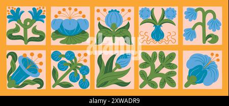 Blumensymbole. Niedliches Frühlings-Doodle-Muster, abstrakte Blattaufkleber oder geometrische Blumengartenstempel. Quadratische Karten. Einfache botanische Garteneinrichtung in Farbe. Vektor naive Art Elements Cartoon Set Stock Vektor