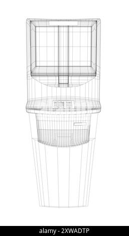 Drahtmodell-Geldautomat mit Display. Bankterminal für Transaktionen, Abheben von Geld und Einzahlen auf das Konto. Vektor-Illustration des Umrisses des Geldautomaten mit Polizisten Stock Vektor