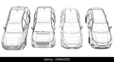 Konturensatz verschiedene Modelle von Autos. Vektorabwicklungsdarstellung. Vektorillustration Vorderansicht des Fahrzeugs Stock Vektor