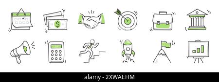 Handgezeichnetes Doodle-Geschäft, Geld-Icon-Set. Finanzen, Startup Marketing Skizze gezeichnet süße trendige Linie Doodle Icon. Geschäftsarbeit, Finanzrakete, Elemente der wirtschaftlichen Wachstumsziele. Vektorabbildung Stock Vektor