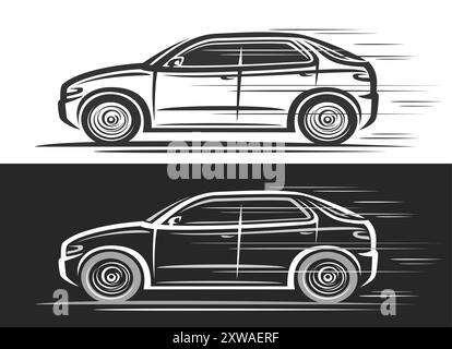 Vektor-Logo für SUV-Auto, dekorative Kfz-Banner mit Konturillustration des eleganten Sportfahrzeugs in Bewegung, Clip-Art läuft monochro Stock Vektor