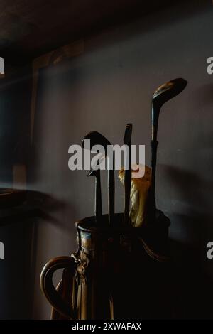 Klassische Golfschläger in schwachem Licht Stockfoto