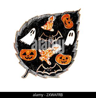 Das Faltblatt ist gefüllt mit verschiedenen Elementen von Halloween. Jack-o'-Laterne, Geister, Fledermäuse, Kerzen. Orange, Schwarz. Isoliert auf weißem Hintergrund. Stilisierte Illustrationen. Stockfoto