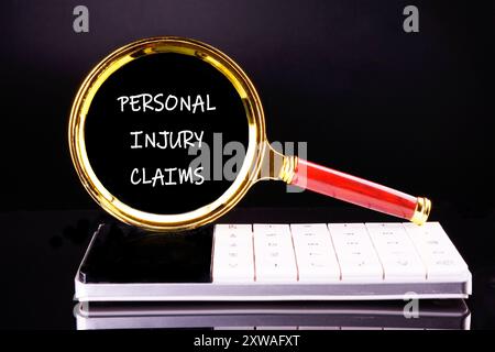 Rechtsberatung von Rechtsanwälten für ärztliche Fehlpraxisansprüche. PERSONENSCHÄDEN BEANSPRUCHEN Worte durch eine Lupe auf schwarzem Hintergrund Stockfoto