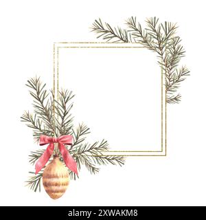 Fichtenzweige altmodisch. Rechteckiger Weihnachtsrahmen. Retro-Tannenspielzeug in Gold gerahmt. Aquarellabbildung. Weihnachtskartenschablone, Vintage Golden Stockfoto