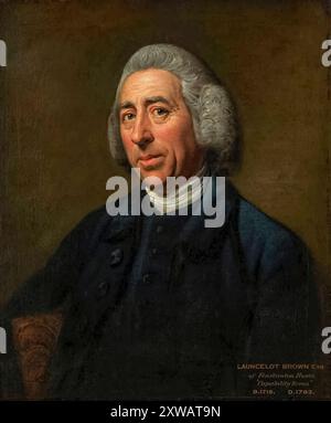 Capability Brown (Lancelot 'Capability' Brown) (1716-1783) ein bekannter englischer Gärtner und Landschaftsarchitekt, der über 170 Gärten rund um die schönsten Landhäuser und Landgüter Großbritanniens entwarf. Porträt des englischen Malers Nathaniel Dance-Holland (1735-1811) gemalt um 1773. Stockfoto