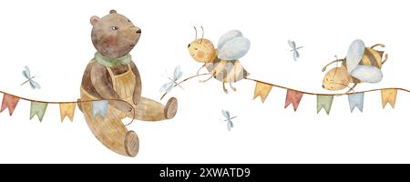 Nahtloser Aquarellrahmen Bären und Bienen mit einer Flaggengirlande. Illustration im Kinderstil, handgezeichnete Waldtiere isoliert auf weiß für Stockfoto