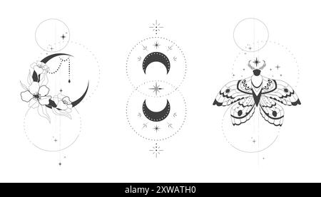 Magie Mystic Set Moth Tattoo dünne Linie in Doodle Stil Mond und Blumen Tattoo, elegante himmlische isoliert, Boho esoterische Symbol, Buterfly mit Sternen und Mond. Vektorabbildung Stock Vektor