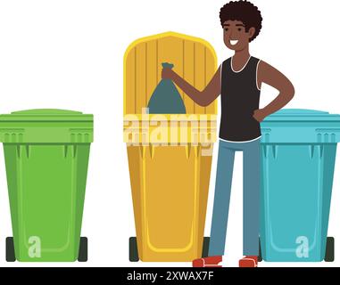 Mann, der Müll in die Recyclingdose wirft. Sortieren von Abfall Stock Vektor