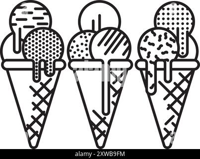 Drei Eiskegel mit verschiedenen Geschmacksvektorlinien für den Creative Ice Cream Flavor Day am 1. Juli Stock Vektor