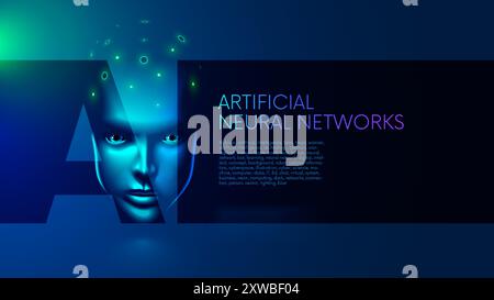 KI oder künstliche Intelligenz im Bild Gesicht oder Kopf Frau mit beleuchtetem Gehirn. Künstliche Intelligenz-Technologie abstraktes konzeptuelles Banner. Zukünftiges t Stock Vektor