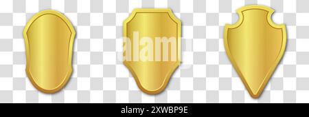 Set realistischer goldener Wappenschilde. Vektorabbildung auf transparentem Hintergrund. Stock Vektor