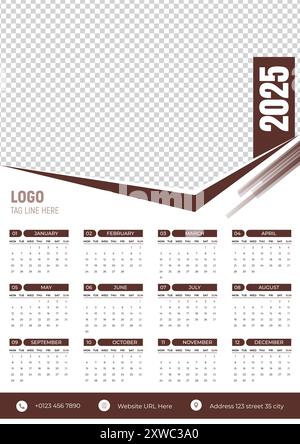 2025 Wandkalender-Design-Vorlage mit einfach zu ersetzender Bildoption, ideal für Büro- und Social-Media-Zwecke. Stock Vektor