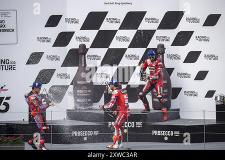 Podium GP Österreich MotoGP: Francesco Bagnaia, Jorge Martin, Enea Bastianini während des Gran Premio Motorrand de MotoGP de Austria - Rennen, MotoGP Weltmeisterschaft in Spielberg, Australien, 18. August 2024 Stockfoto