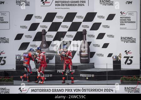 Podium GP Österreich MotoGP: Francesco Bagnaia, Jorge Martin, Enea Bastianini während des Gran Premio Motorrand de MotoGP de Austria - Rennen, MotoGP Weltmeisterschaft in Spielberg, Australien, 18. August 2024 Stockfoto