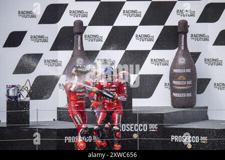 Podium GP Österreich MotoGP: Francesco Bagnaia, Jorge Martin, Enea Bastianini während des Gran Premio Motorrand de MotoGP de Austria - Rennen, MotoGP Weltmeisterschaft in Spielberg, Australien, 18. August 2024 Stockfoto