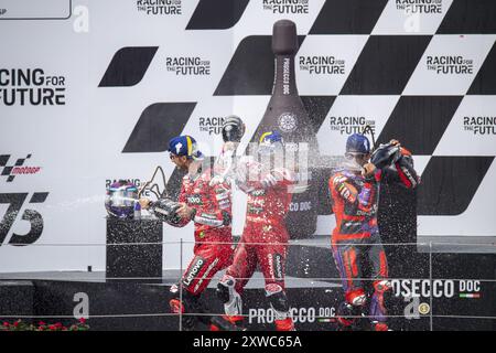 Podium GP Österreich MotoGP: Francesco Bagnaia, Jorge Martin, Enea Bastianini während des Gran Premio Motorrand de MotoGP de Austria - Rennen, MotoGP Weltmeisterschaft in Spielberg, Australien, 18. August 2024 Stockfoto