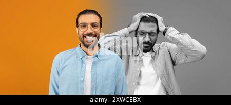 Widersprüchliche Emotionen des jungen Mannes im Studio mit kühlem Hintergrund Stockfoto