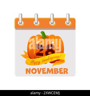Thanksgiving Day Kalender mit Kürbis und Band. Erntefest Symbol, Weihnachtsschild. Kalenderdatum: 28. November Stock Vektor