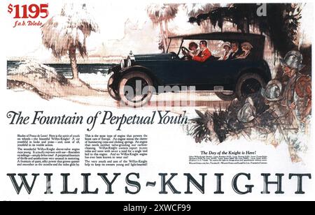 1924 Willys-Knight Car Ad-'Fountain of Youth' Beach Scene, Ponce de Leon Stockfoto