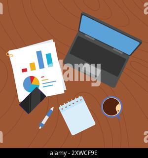 Schreibtischvektor für Geschäftsbüros. Büroartikel auf dem Schreibtisch. Geschäftsdaten, Kaffee, Laptop, mobil. Stock Vektor