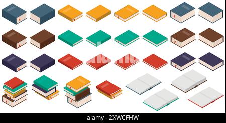 Eine lebendige Sammlung farbenfroher, stilisierter Bücher mit einer Vielzahl von Genres und einzigartigen Arrangements Stock Vektor