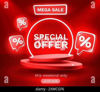 Mega Sale Sonderangebot, Stage Podium Prozent, Stage Podium Scene mit Auszeichnung, Dekor Element Hintergrund. Vektor Stock Vektor