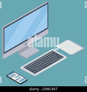Flacher isometrischer Desktop-Computer. PC-Symbol. Vektorabbildung. Eps 10. Stock Vektor