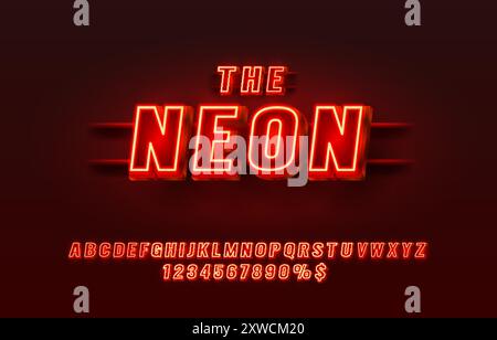 Rote Schriftart in Neonstädten. Englisches Alphabet und Nummernzeichen. Vektor Stock Vektor
