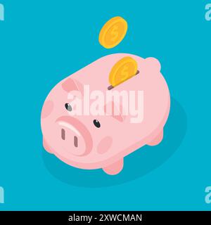 Illustration einer pinkfarbenen Sparkasse mit Münzen, die vor blauem Hintergrund fallen und Sparguthaben symbolisieren. Stock Vektor
