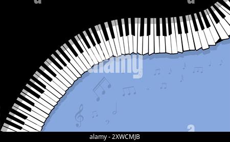 Abstrakte geschwungene Klaviertastatur mit Noten auf blauem Hintergrund, perfekt für musikbezogene Inhalte. Stock Vektor