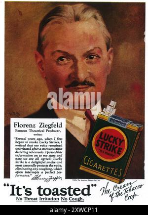 1929 Lucky Strike Zigarettenwerbung mit dem Theaterproduzenten Florenz Siegfield Stockfoto