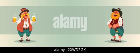 Banner. Vektorabbildung. Zwei fröhliche Männer in traditioneller bayerischer Kleidung, die zwei Bierbecher halten und lachen. Zeichentrickstil. Kopierbereich. Stock Vektor