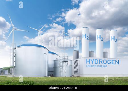 Wasserstofffabrik mit Energiespeicherkonzept. Erzeugung von grünem Wasserstoff aus erneuerbaren Energiequellen. Stockfoto