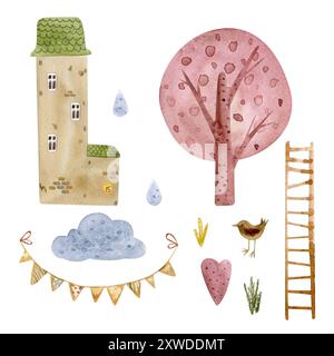 Set mit niedlichen Aquarellen von Landhäusern. Handgezeichnete Kinderillustration. Skandinavische Häuser, Bäume, Fahnen, Wolken. Abbildungen Stockfoto