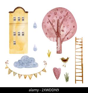 Set mit niedlichen Aquarellen von Landhäusern. Handgezeichnete Kinderillustration. Skandinavische Häuser, Bäume, Fahnen, Wolken. Abbildungen Stockfoto