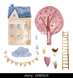 Set mit niedlichen Aquarellen von Landhäusern. Handgezeichnete Kinderillustration. Skandinavische Häuser, Bäume, Fahnen, Wolken. Abbildungen Stockfoto