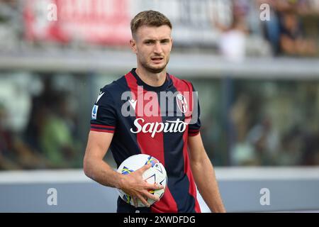 Bologna, Italien, 18. August 2024 Stefan Posch (Bologna FC) während des Spiels Bologna FC gegen Udinese Calcio, italienischer Fußball Serie A in Bologna, Italien, 18. August 2024 Stockfoto