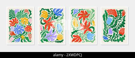 Farbenfrohe abstrakte Blumenposter. Vektordesigns für moderne Poster in trendigen, hellen Farben Stock Vektor